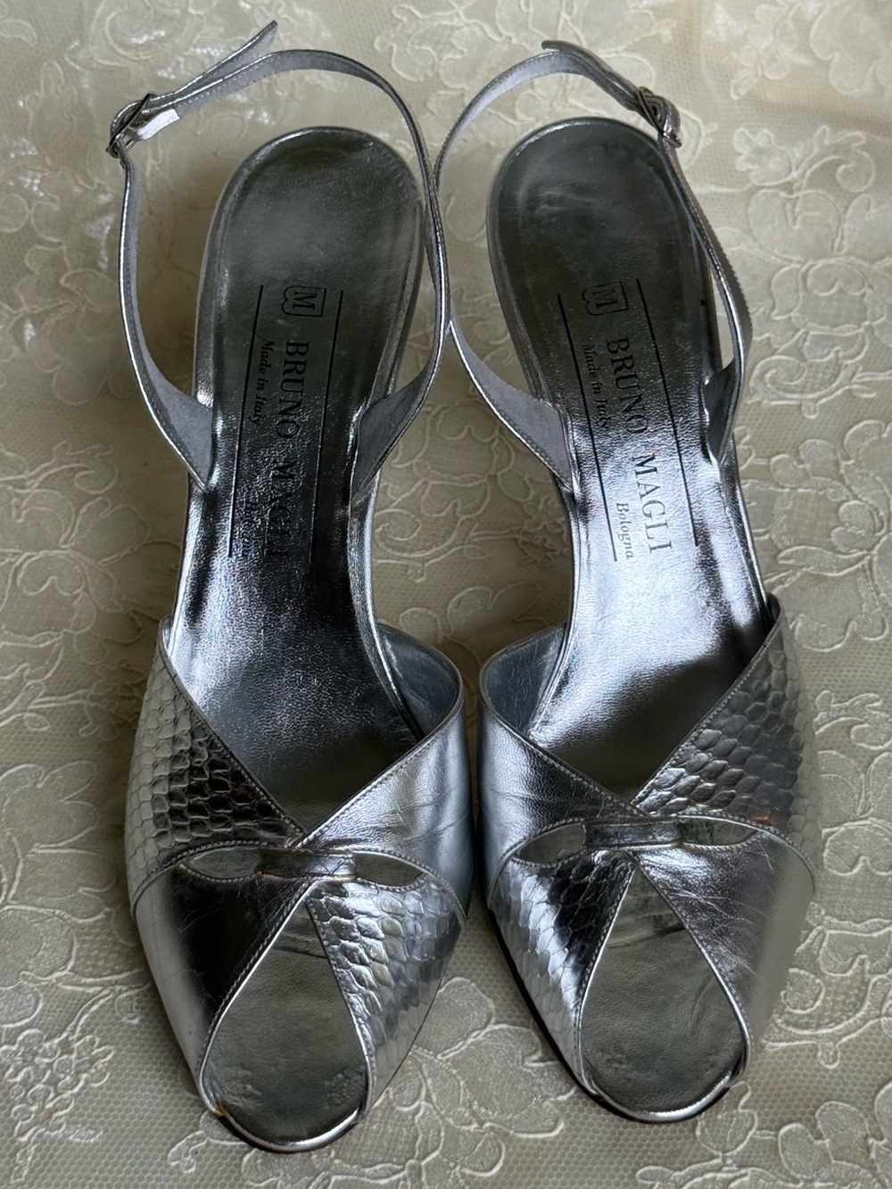 Bruno Magli Metallic Silver Cross‑Front Slingback Sandals